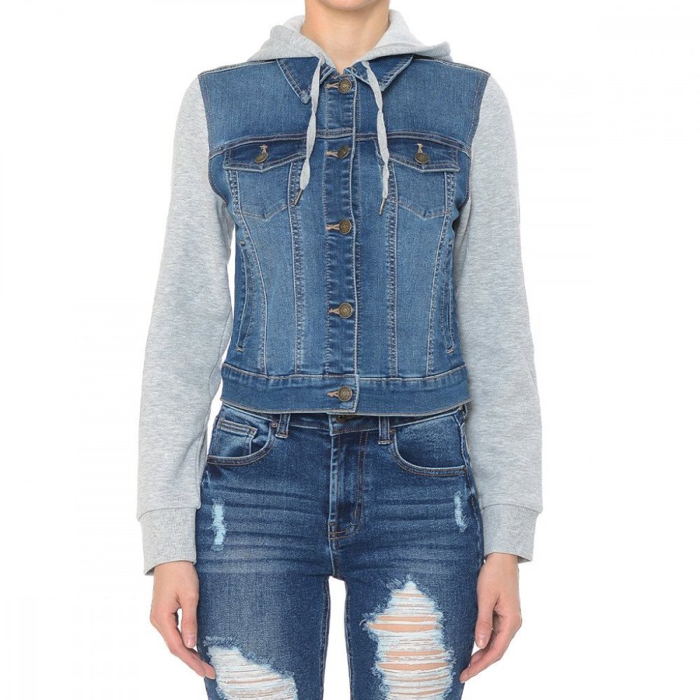 Fleece Sleeve and Hood Denim Jacket - Medi…